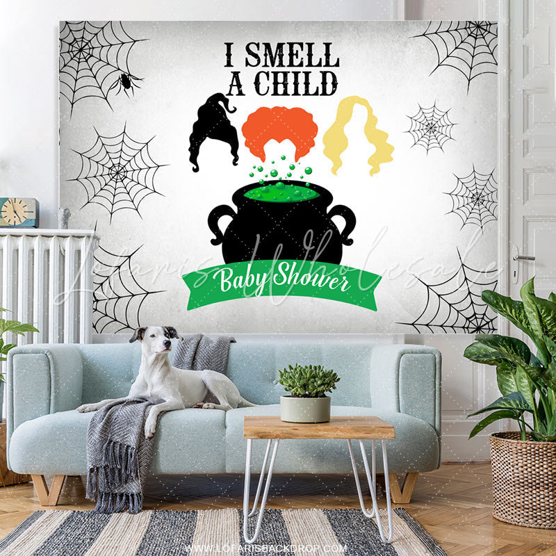 Lofaris I Smell A Child Halloween Grey Baby Shower Backdrop