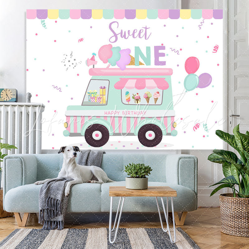 Lofaris Ice Cream Truck Sweet One Happy 1St Birthday Backdrop