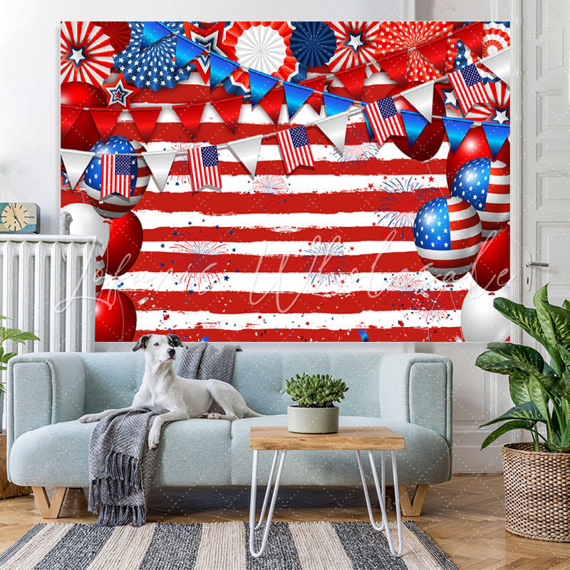 Lofaris Independence Day Flag Stars Balloons Stripes Backdrop