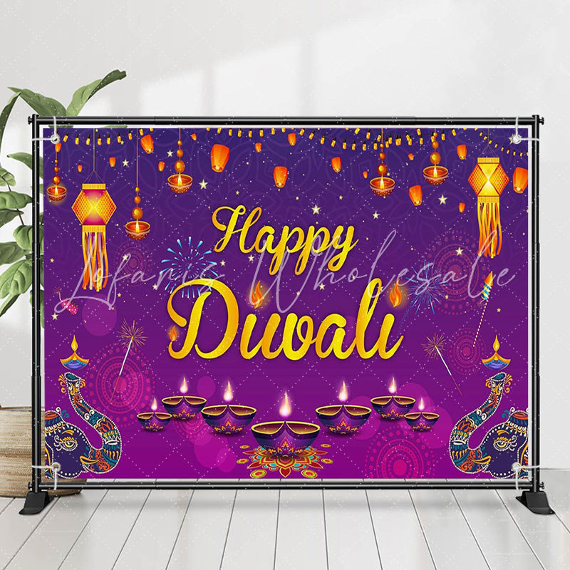 Lofaris Indian Lights Elephant Purple Happy Diwali Backdrop