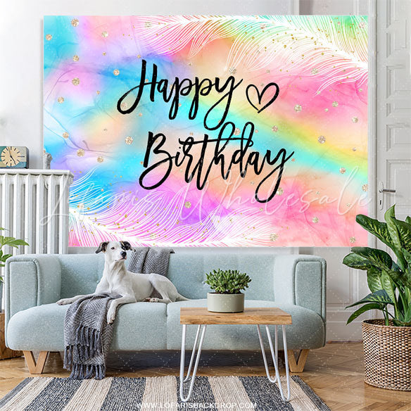 Lofaris Iridescent Feather Happy Birthday Backdrop For Girl