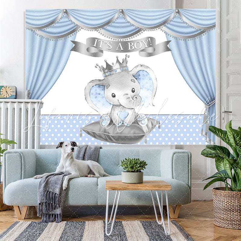 Lofaris Its A Boy Blue Curtain Elephant Dots Baby Shower Backdrop