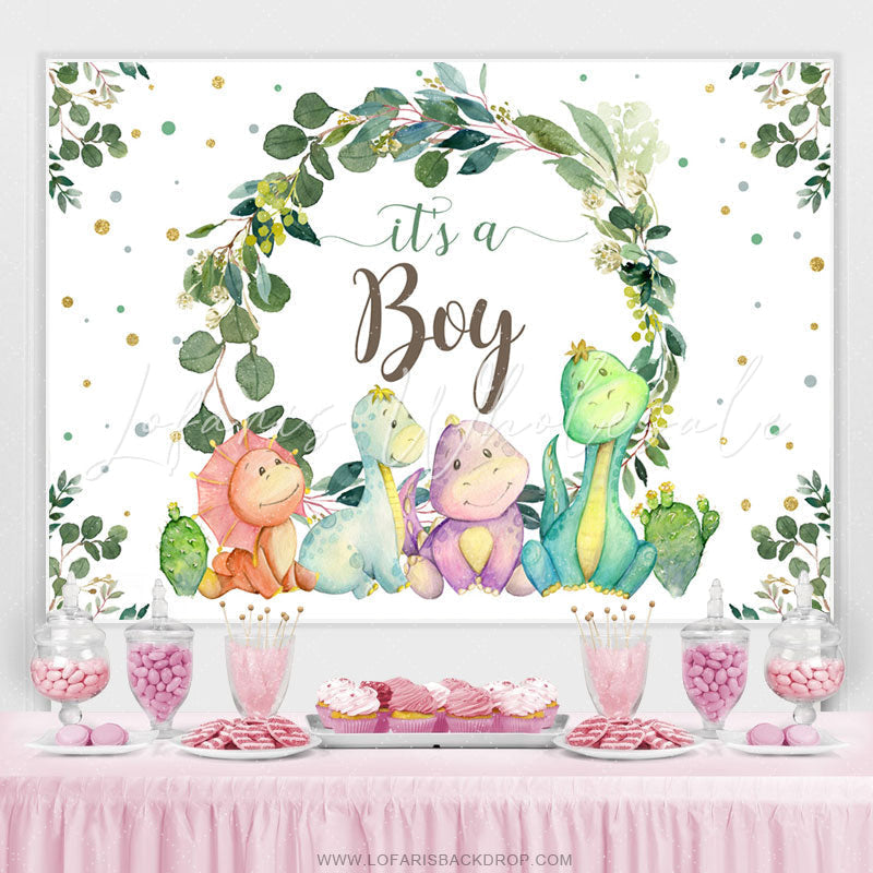 Lofaris Its A Boy Green Leaves And Dinosaur Baby Shower Backdrop
