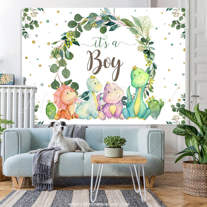 Lofaris Its A Boy Green Leaves And Dinosaur Baby Shower Backdrop