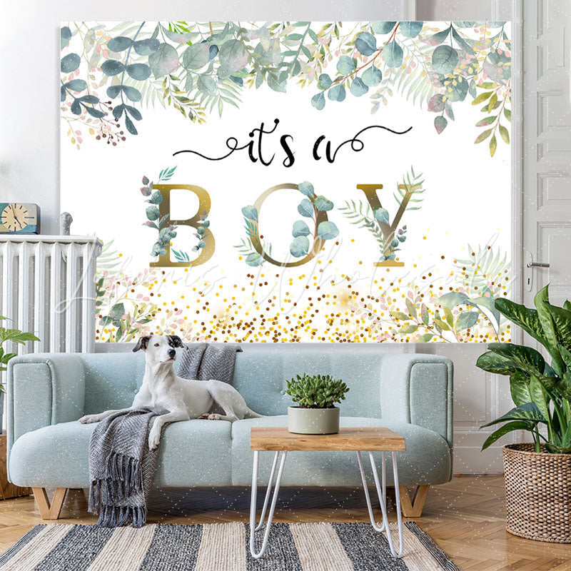 Lofaris It’s A Boy With Leaves And Spot Baby Shower Backdrop