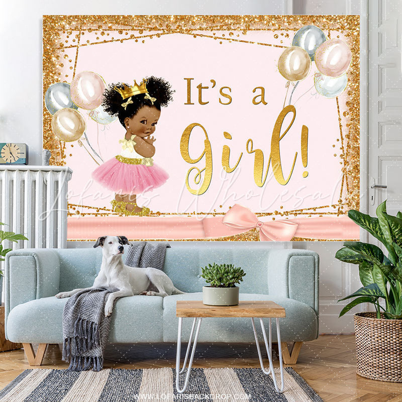 Lofaris Its A Girl Golden Pink Balloon Baby Shower Backdrop