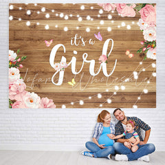 Lofaris Its A Girl Pink Camellia Butterfly Baby Shower Backdrop