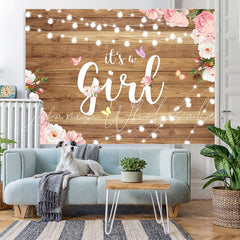 Lofaris Its A Girl Pink Camellia Butterfly Baby Shower Backdrop