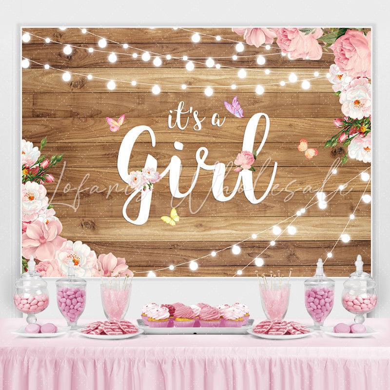 Lofaris Its A Girl Pink Camellia Butterfly Baby Shower Backdrop