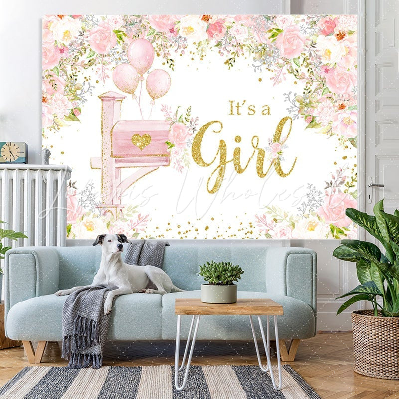 Lofaris Its A Girl Pink Floral Balloon Baby Shower Backdrop