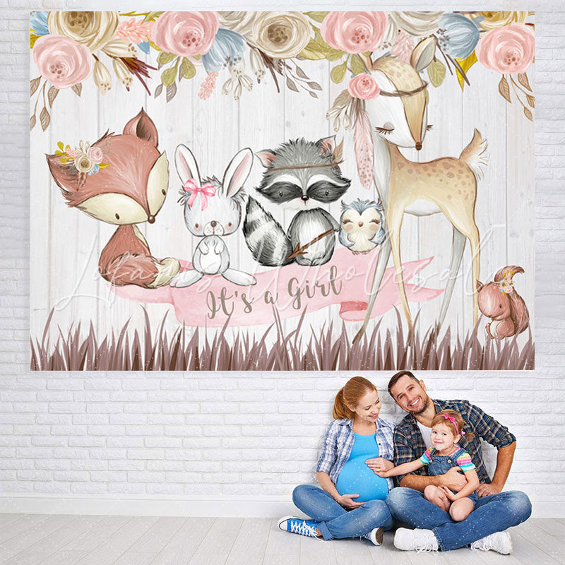 Lofaris Its A Girl Pink Floral Cute Animal Backdrop for Baby Shower