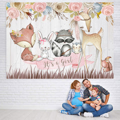 Lofaris Its A Girl Pink Floral Cute Animal Backdrop for Baby Shower