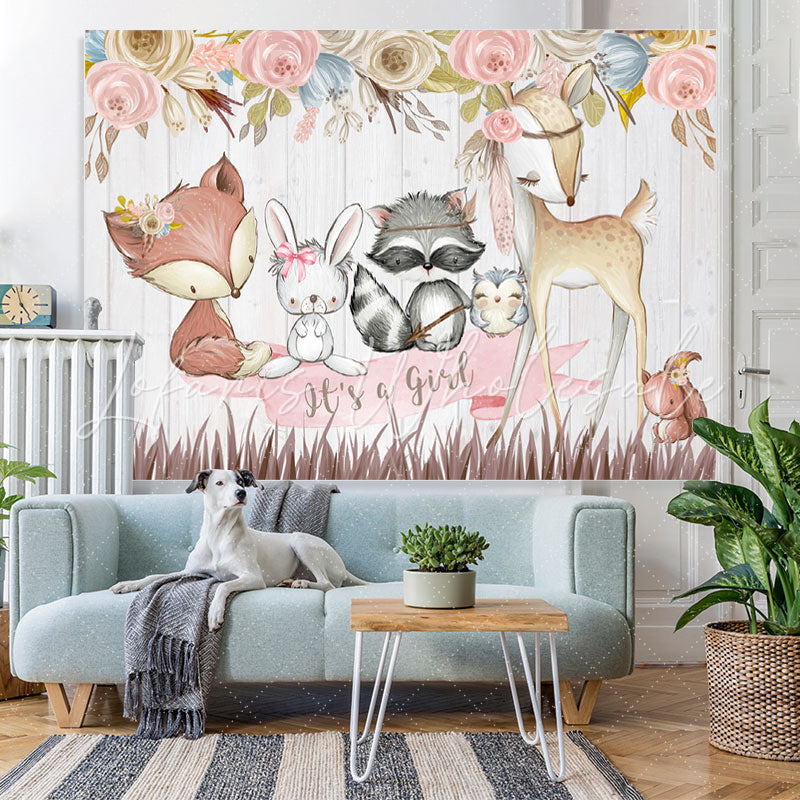 Lofaris Its A Girl Pink Floral Cute Animal Backdrop for Baby Shower