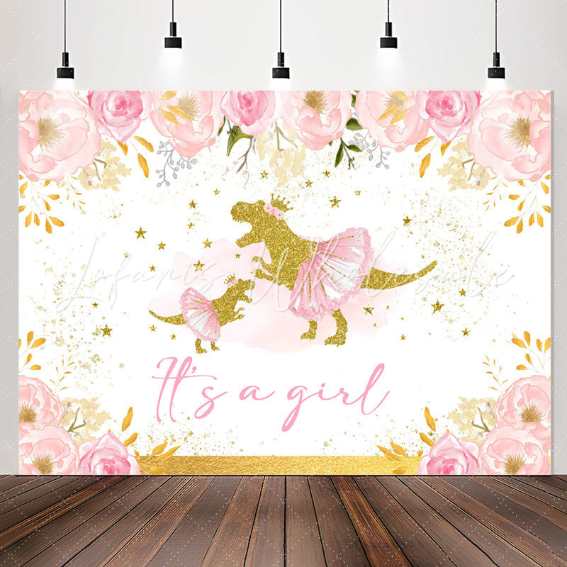 Lofaris Its A Girl Pink Floral Dinosaur Baby Shower Backdrop