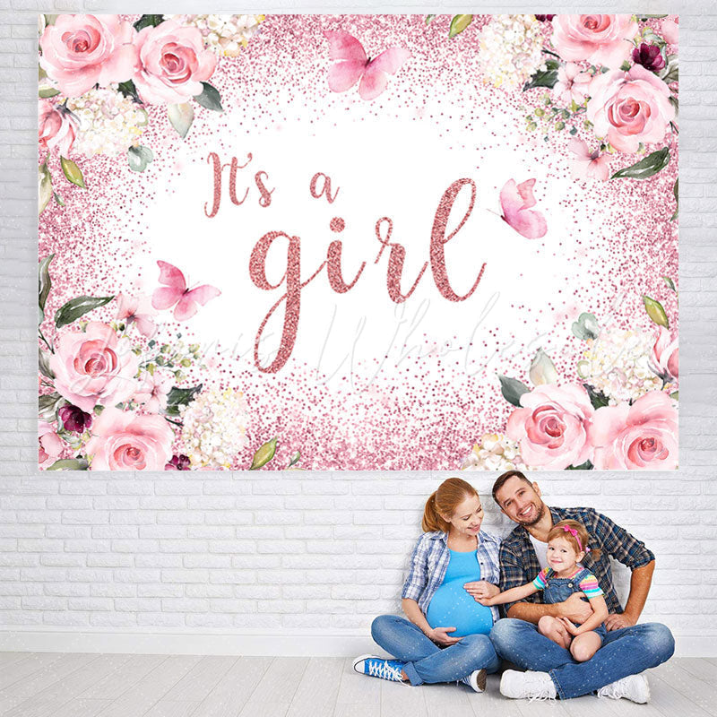 Lofaris Its A Girl Pink Floral Glitter Baby Shower Backdrop