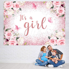 Lofaris Its A Girl Pink Floral Glitter Baby Shower Backdrop