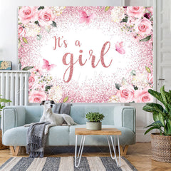Lofaris Its A Girl Pink Floral Glitter Baby Shower Backdrop
