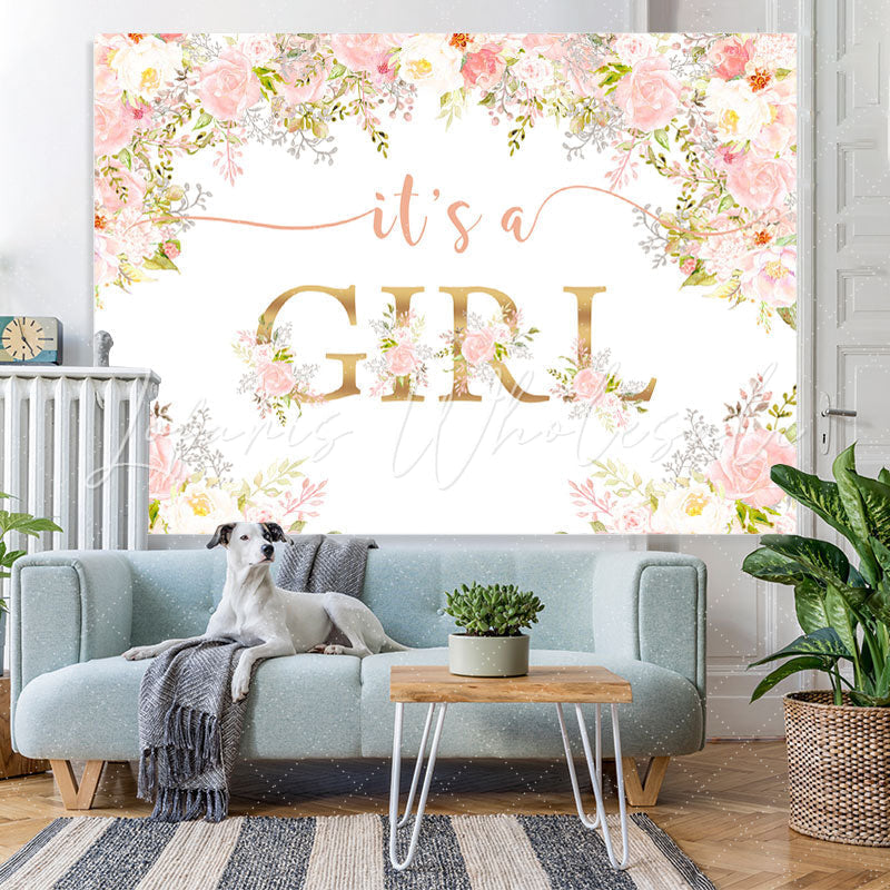 Lofaris Its A Girl Pink Floral Plants Baby Shower Backdrop
