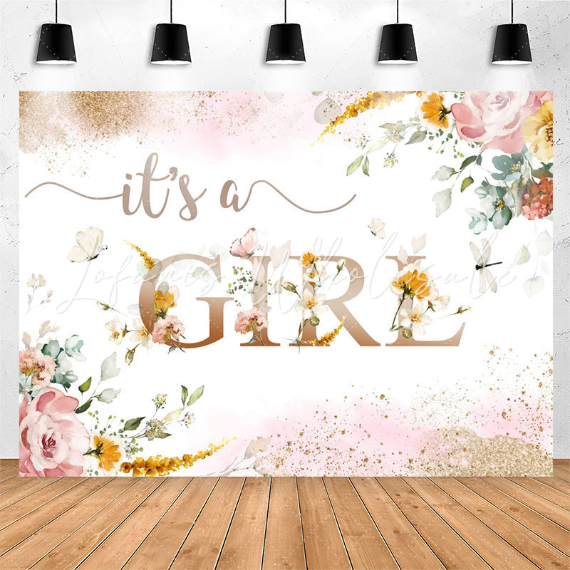 Lofaris Its A Girl Pink Flowers Sequin Baby Shower Backdrop