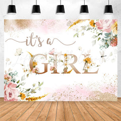 Lofaris Its A Girl Pink Flowers Sequin Baby Shower Backdrop