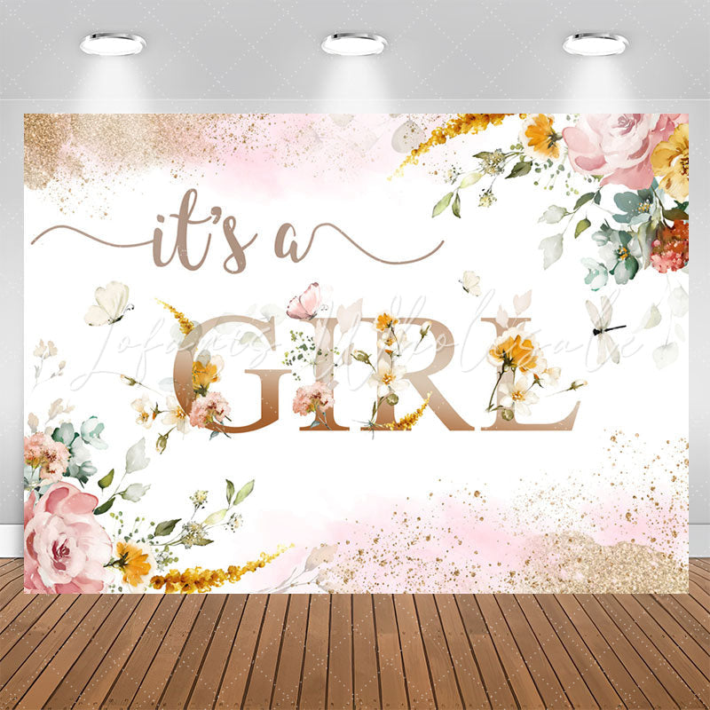 Lofaris Its A Girl Pink Flowers Sequin Baby Shower Backdrop