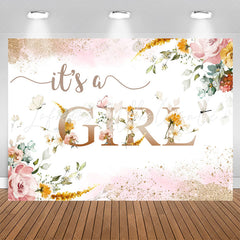 Lofaris Its A Girl Pink Flowers Sequin Baby Shower Backdrop
