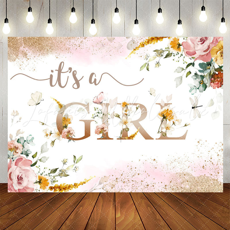 Lofaris Its A Girl Pink Flowers Sequin Baby Shower Backdrop