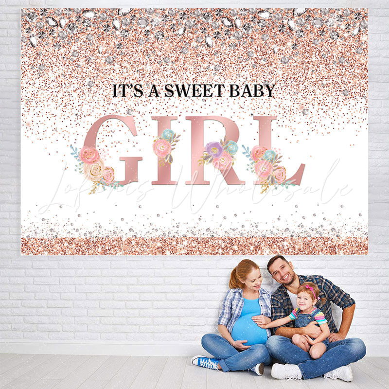 Lofaris Its A Sweet Baby Girl Pink Floral Glitter Backdrop for Shower