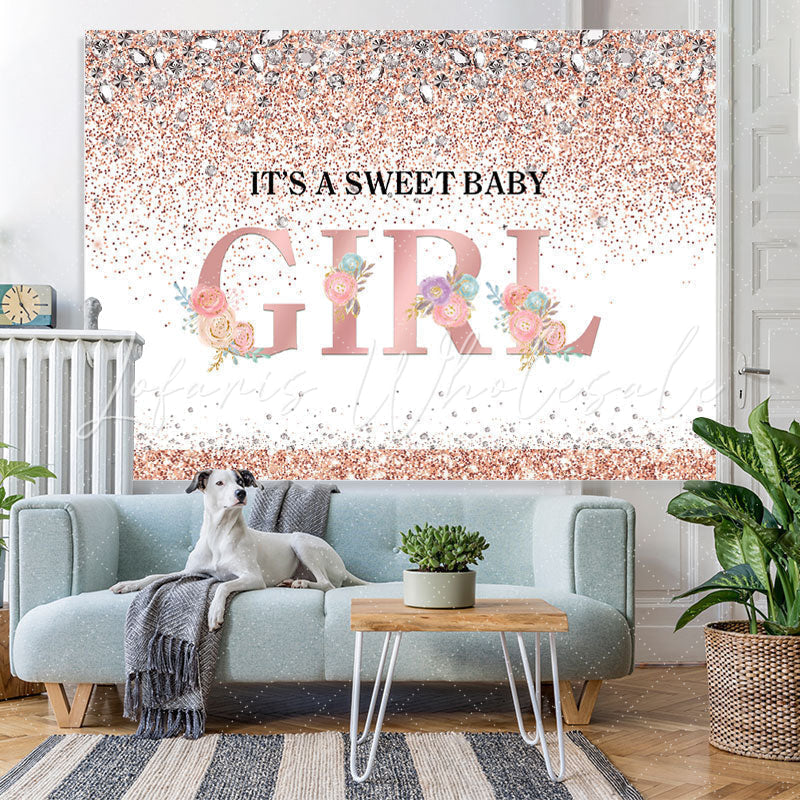 Lofaris Its A Sweet Baby Girl Pink Floral Glitter Backdrop for Shower
