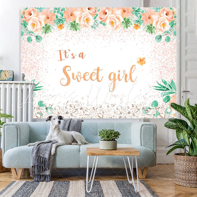 Lofaris Its A Sweet Girl Orange Flowers Baby Shower Backdrop