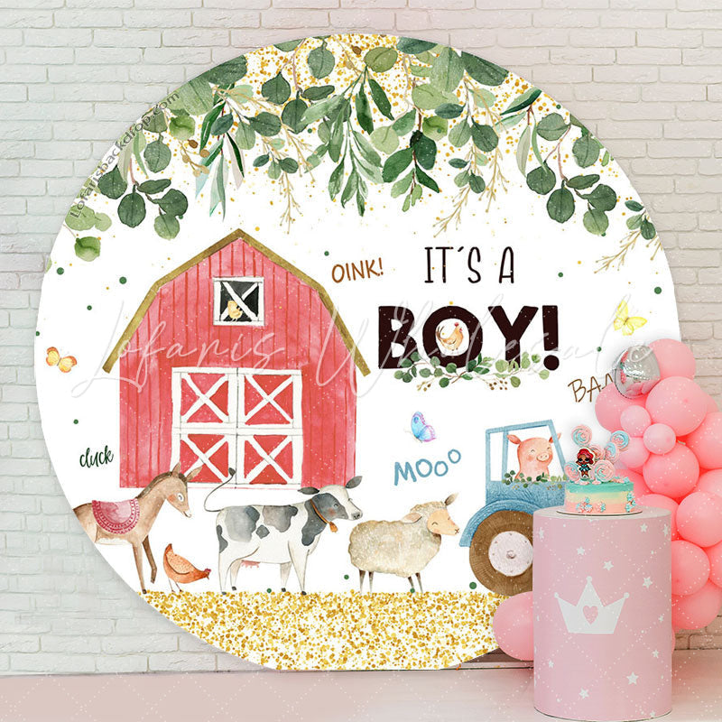 Lofaris Its Boy Farm Theme Glitter Round Baby Shower Backdrop