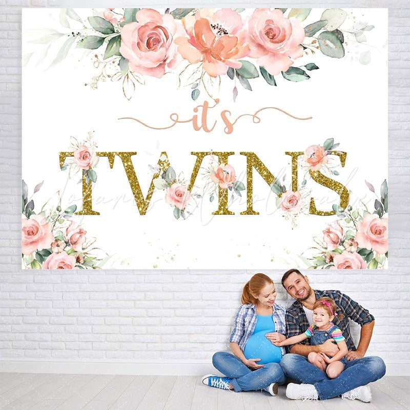 Lofaris Its Twins Pink Florals Baby Shower Backdrop for Girl