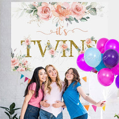 Lofaris Its Twins Pink Florals Baby Shower Backdrop for Girl