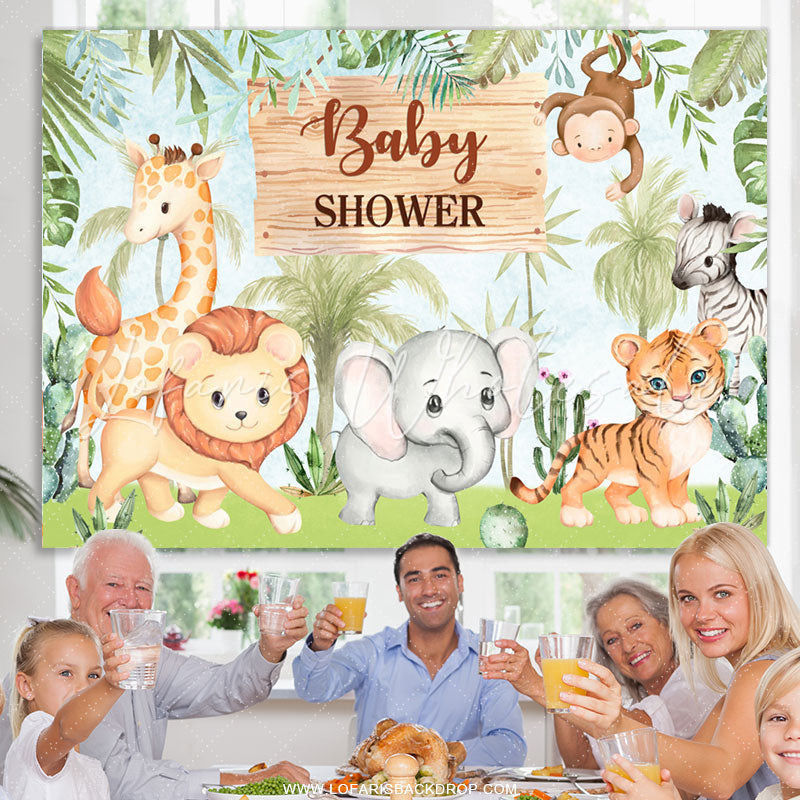 Lofaris Jungle Cute Animals And Green Trees Baby Shower Backdrop