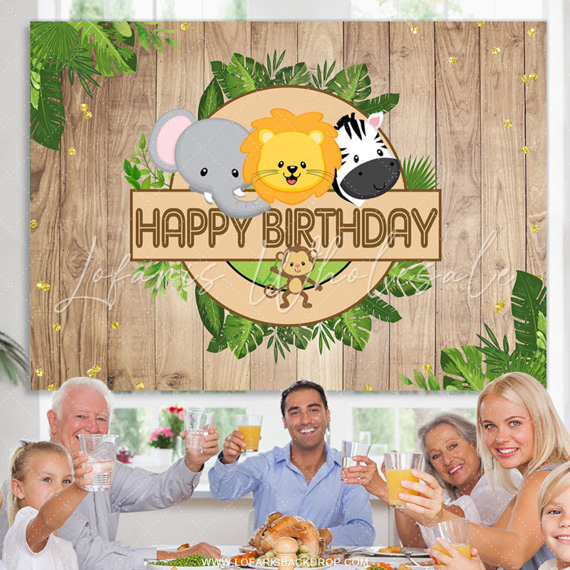 Lofaris Jungle Cute Animals Khaki Wooden Backdrop For Birthday
