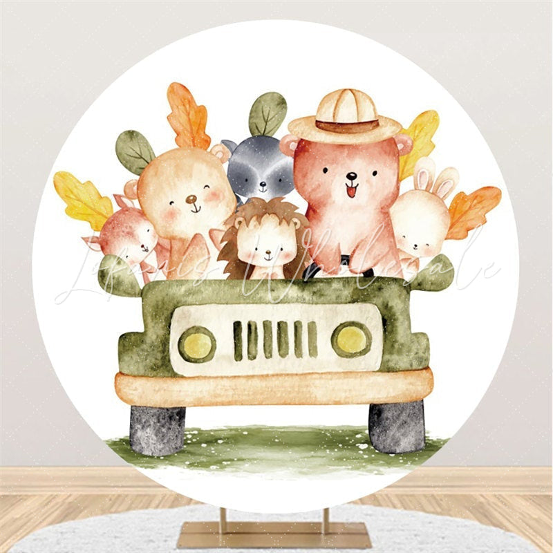 Lofaris Jungle Happy Abimals And Car Round Baby Shower Backdrop