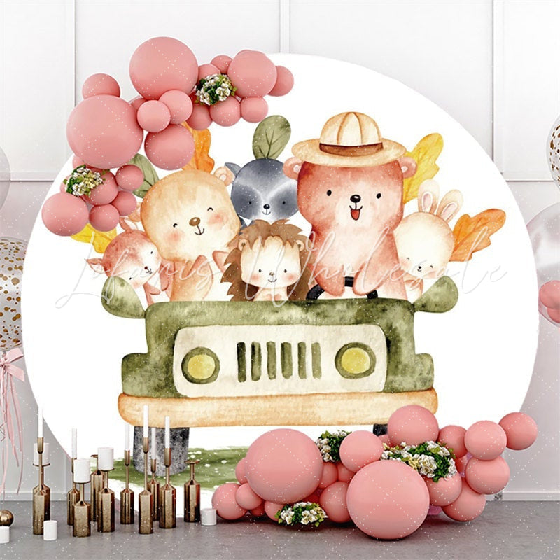Lofaris Jungle Happy Abimals And Car Round Baby Shower Backdrop