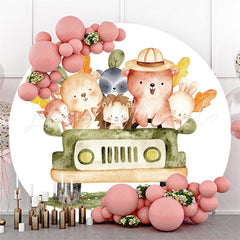 Lofaris Jungle Happy Abimals And Car Round Baby Shower Backdrop
