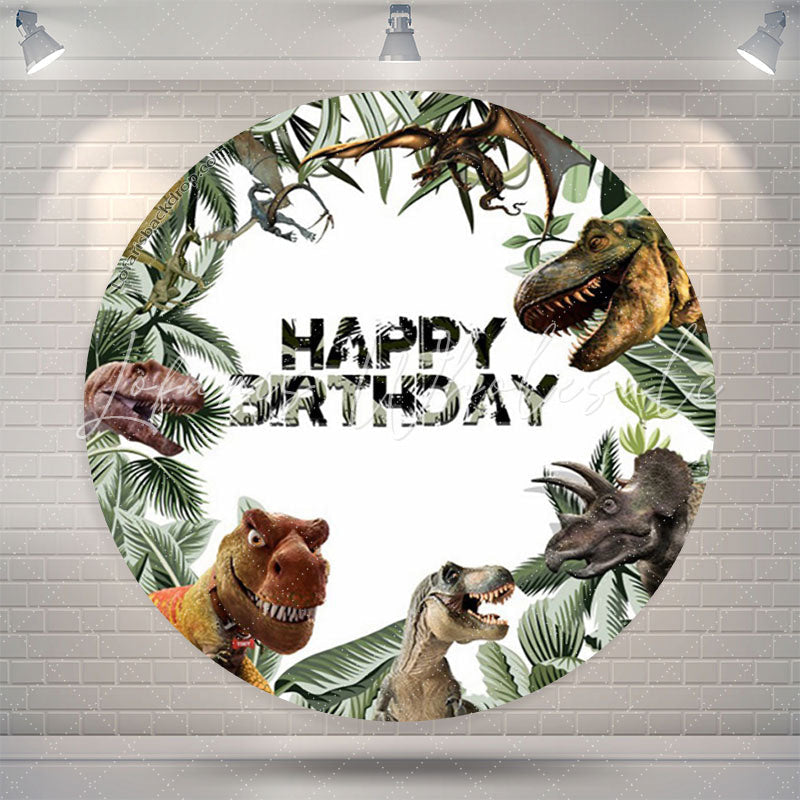 Lofaris Jungle Leaves And Dinosaurs Round Birthday Backdrop