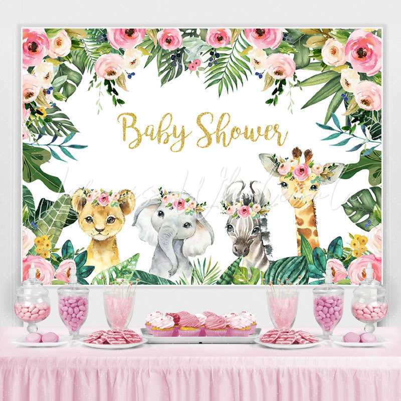 Lofaris Jungle Pink Rose and Baby Animals Shower Backdrop