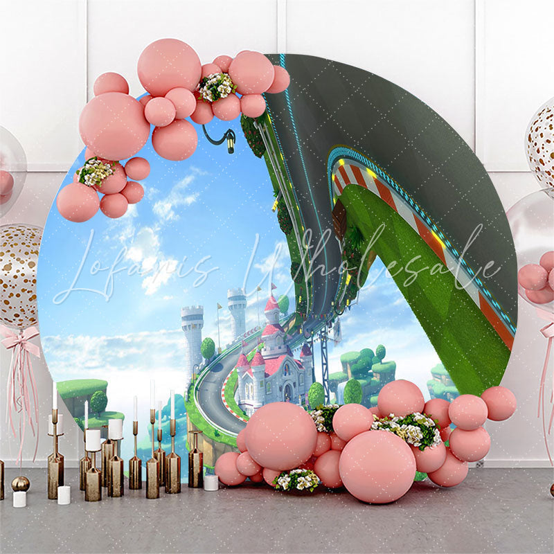Lofaris Kart Track Castle Cartoon Game Party Round Backdrop