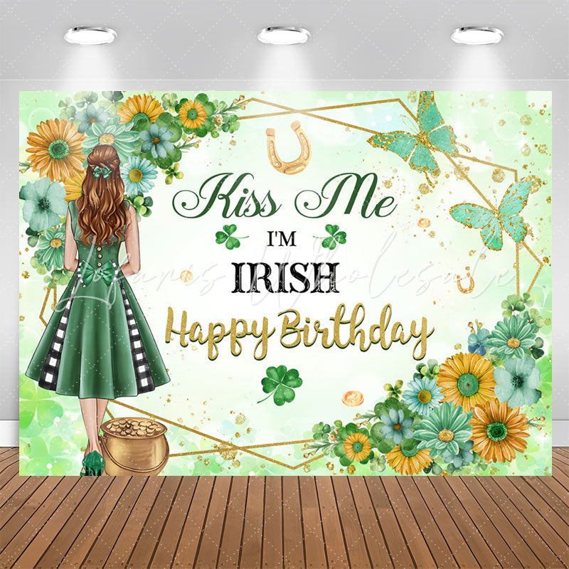 Lofaris Kiss Me Im Irish Floral Green Girl Birthday Backdrop