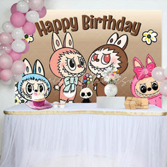 Labubu Cute Cartoon Monster Happy Birthday Backdrop For Kids Fans