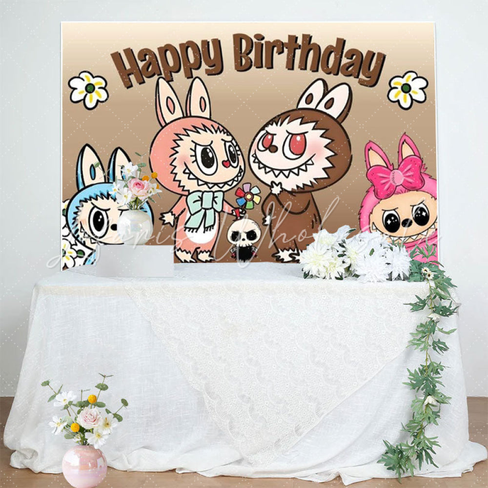 Labubu Cute Cartoon Monster Happy Birthday Backdrop For Kids Fans
