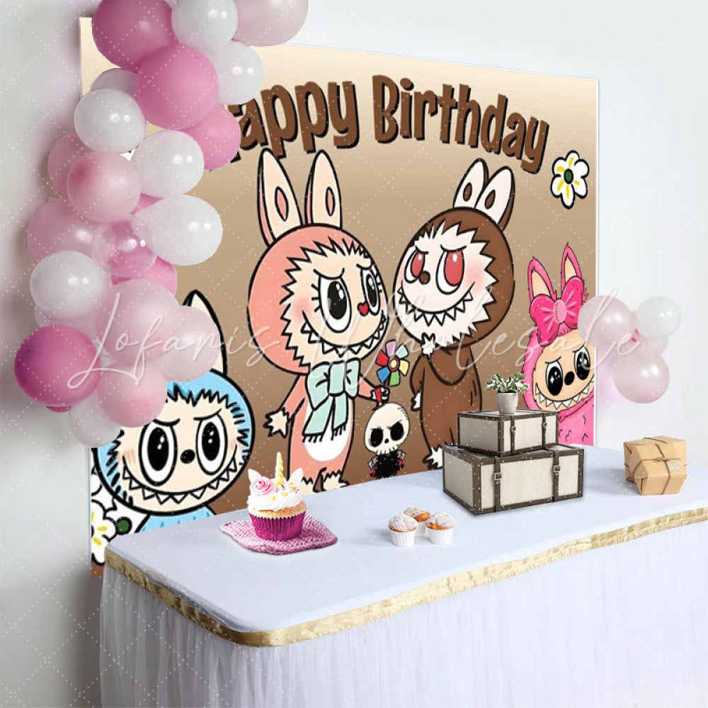 Labubu Cute Cartoon Monster Happy Birthday Backdrop For Kids Fans
