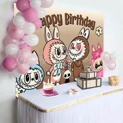 Labubu Cute Cartoon Monster Happy Birthday Backdrop For Kids Fans