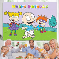 Lofaris Lawn Run tree Cartoon Happy Birthday Party Backdrop