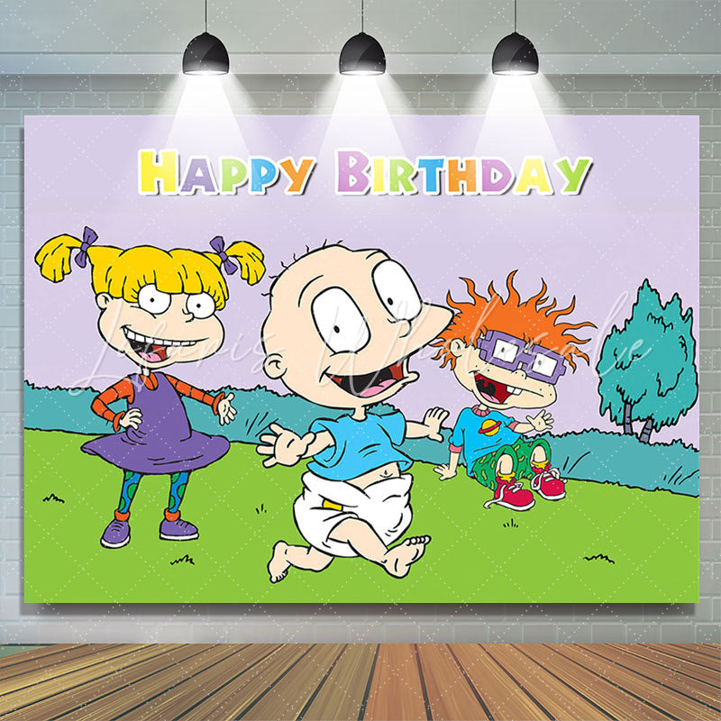 Lofaris Lawn Run tree Cartoon Happy Birthday Party Backdrop
