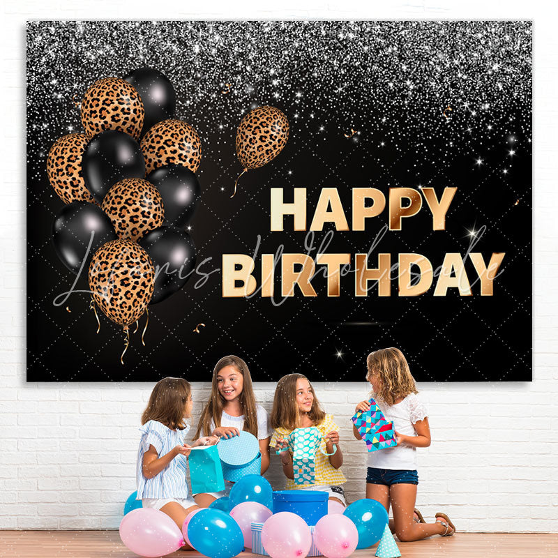 Lofaris Leopard Balloon Black Silver Glitter Happy Birthday Backdrop