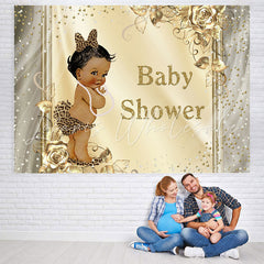 Lofaris Leopard Gold Floral Glitter Baby Shower Backdrop for Girl